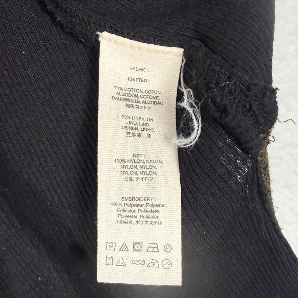 Free People Top Womens Medium Black Cotton Linen Boho Embroidered Sequin Ribbed